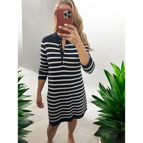 J. McLaughlin Dresses & Skirts - J.MCLAUGHLIN Striped Dress Navy Blue White 3/4 Sleeve Gold Button Front Small